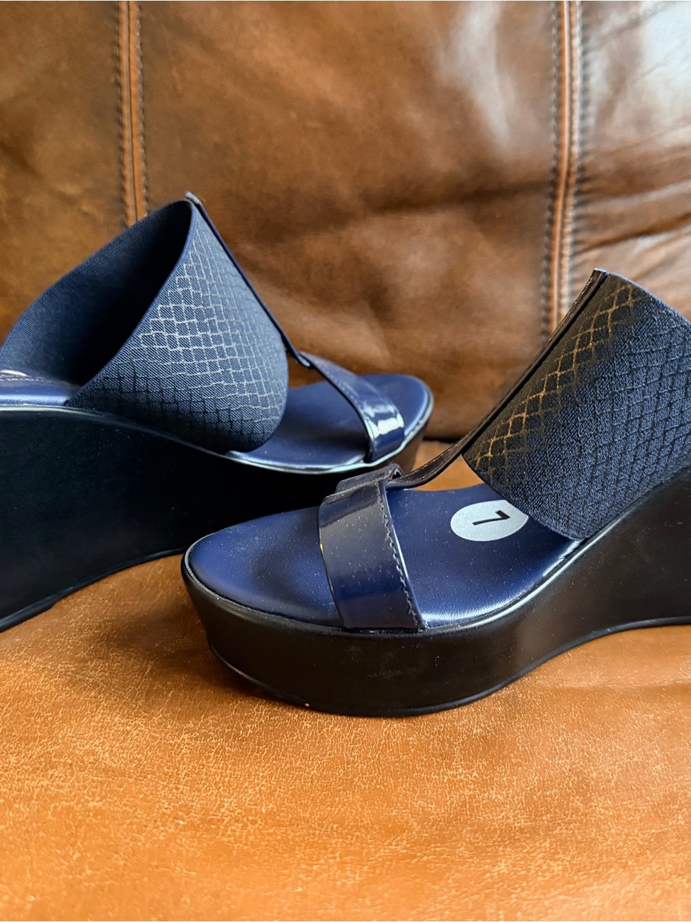 Women's Navy Platform Wedge Slide Sandals with Elastic Back Strap